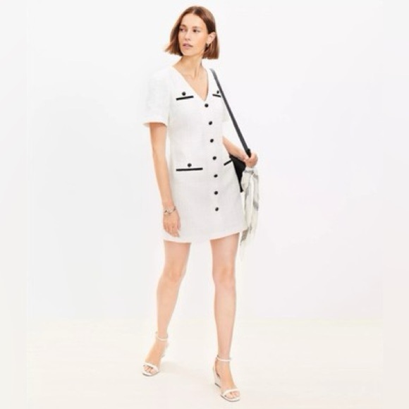 Ann Taylor LOFT White Tweed V-Neck Pocket Sheath Dress Bloggers Favorite Size 00 - Picture 9 of 12